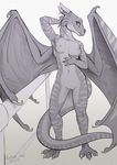  4_fingers anthro breasts dragon female greyscale kodardragon membranous_wings monochrome navel nipples pussy simple_background smile solo wings 