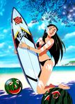  90s barefoot beach bikini black_hair bracelet dappled_sunlight day food fruit giant_robo ginrei_(giant_robo) grey_eyes highres holding jack-o'-lantern jewelry kneeling kubooka_toshiyuki long_hair mackintosh_rose ocean official_art open_mouth outdoors solo sunlight surfboard swimsuit very_long_hair watermelon 