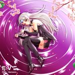  1girl armor bent_knees black_boots black_dress black_gloves black_shirt black_skirt character_name cherry_blossom_tree code:_nemesis_(elsword) elbow_gloves elsword english_text eve_(elsword) eyebrows_visible_through_hair facial_marks forehead_jewel knees_together laying_on_side legs_together lily_pad long_hair miniskirt orange_eyes panties pantyshot pink_water purple_water robot_ears short_dress short_skirt silver_hair solo thigh_boots thighhigh very_long_hair white_hair white_panties 