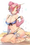  anklet arm_wrap bangs beach bikini blue_bikini breasts cleavage closed_mouth detached_collar detached_sleeves double_bun fate/apocrypha fate/grand_order fate_(series) frankenstein's_monster_(fate) frankenstein's_monster_(swimsuit_saber)_(fate) glint grey_eyes hair_ornament hair_over_one_eye head_tilt headgear horn jewelry large_breasts leg_wrap looking_at_viewer navel outdoors parted_bangs partially_submerged pink_hair sandals short_hair single_detached_sleeve sitting sleeves_past_wrists solo strap_slip swimsuit teddy_(khanshin) wariza 