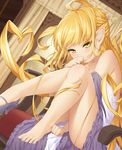  ahoge bare_shoulders barefoot blonde_hair blurry blush closed_mouth covering_mouth depth_of_field dress full_body granblue_fantasy heart_hair high_heels highres indoors knee_up legs legs_up long_hair melissabelle papino pointy_ears prehensile_hair shoes single_shoe sitting solo toes very_long_hair 