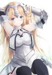  armpits arms_behind_head arms_up bangs black_legwear blonde_hair blue_eyes blush breasts chain closed_mouth commentary_request fate/apocrypha fate_(series) faulds gauntlets headpiece highres jeanne_d'arc_(fate) jeanne_d'arc_(fate)_(all) large_breasts long_hair looking_at_viewer shiromoru_(yozakura_rety) smile solo thighhighs very_long_hair 