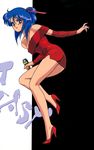  80s asagiri_rei bare_legs breasts cleavage detached_sleeves dress full_body hair_ribbon high_heels highres holding holding_microphone idol_densetsu_eriko light_smile lipstick long_hair looking_at_viewer makeup medium_breasts microphone miniskirt non-web_source official_art oldschool pumps purple_hair red_footwear ribbon shoes side_slit skirt solo strapless strapless_dress twisted_torso yamauchi_noriyasu 