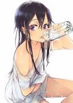  bad_id bad_pixiv_id bare_shoulders black_hair bottle drinking highres kiriko kirito kirito_(sao-ggo) lips long_hair looking_at_viewer male_focus navel otoko_no_ko purple_eyes ribo shirt_lift shorts sitting solo sword_art_online thighs water_bottle wet wet_clothes white_background 