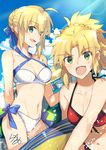  :d ahoge artist_name artoria_pendragon_(all) artoria_pendragon_(swimsuit_archer) bangs beach bikini blonde_hair blue_sky braid breasts cloud cloudy_sky collarbone criss-cross_halter day eyebrows_visible_through_hair fang fate/apocrypha fate/grand_order fate_(series) french_braid green_eyes halter_top halterneck highres holding lens_flare light_rays long_hair looking_at_viewer medium_breasts mordred_(fate)_(all) mordred_(swimsuit_rider)_(fate) multiple_girls nikame open_mouth outdoors parted_bangs ponytail saber sidelocks signature sky smile sunbeam sunlight surfboard swimsuit v-shaped_eyebrows white_bikini 
