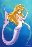  armlet blonde_hair blue_eyes fins full_body highres kelp long_hair looking_at_viewer mermaid monster_girl original seashell shell shell_bikini solo tadano_kazuko underwater 