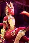  2017 anthro detailed_background dragon eyelashes female horn jewelry kameloh nude pink_eyes pussy sitting smile solo spines wide_hips 