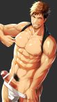  1boy abs bara brown_hair erection facial_hair grin hihumi muscle naughty_face nipples pecs penis presenting smile solo teeth underwear undressing 