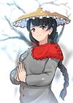  ajirogasa black_hair black_hat braid buttons capelet clothes_writing dress earlobes grey_dress hands_together hat highres long_hair red_capelet red_eyes ribbon smile snow solo touhou tree twin_braids ucukrtz yatadera_narumi 