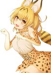  :d animal_ears bangs bare_shoulders blonde_hair blush bow bowtie cross-laced_clothes elbow_gloves extra_ears fur_collar gloves high-waist_skirt highres kemono_friends looking_at_viewer open_mouth orange_eyes papino paw_pose serval_(kemono_friends) serval_ears serval_print serval_tail shirt skirt sleeveless sleeveless_shirt smile solo striped_tail tail taut_clothes taut_shirt thighhighs white_background zettai_ryouiki 