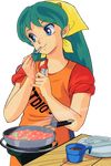  apron artist_request bandana blue_eyes bottle casual clothes_writing cooking cup eyeshadow green_hair holding holding_bottle holding_spoon horns long_hair lum makeup pointy_ears sleeves_rolled_up smile solo spatula spoon steam stove table transparent_background urusei_yatsura 