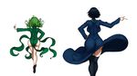  ass backboob black_legwear blue_hair breasts feet_out_of_frame from_behind fubuki_(one-punch_man) full_body green_hair grey_background highres hips huge_ass large_breasts multiple_girls no_panties one-punch_man pointing short_hair siblings simple_background sisters tatsumaki the_golden_smurf thighhighs thighs white_background wide_hips 