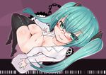  1girl :p aqua_eyes aqua_hair artist_request black_socks black_stockings blush breasts chains eyebrows_visible_though_hair feet gears glasses half-closed_eyes hatsune_miku labcoat legs_together long_hair looking_at_viewer looking_up navel nude red_glasses see-through_clothes shiny_skin solo stockings stomach twintails very_long_hair vocaloid white_coat 
