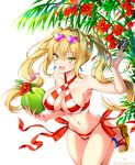  :d bangs between_fingers bikini blonde_hair blush breasts cameltoe cleavage coconut collarbone commentary_request crazy_straw credit_card criss-cross_halter drinking_straw eyebrows_visible_through_hair eyewear_on_head fate/grand_order fate_(series) flower fruit_cup green_eyes hair_between_eyes hair_intakes halterneck heart heart-shaped_eyewear hibiscus holding large_breasts long_hair navel nero_claudius_(fate)_(all) nero_claudius_(swimsuit_caster)_(fate) open_mouth palm_tree rainbow red_bikini red_flower sandals side-tie_bikini sidelocks smile solo sunglasses swimsuit thighs tree tropical_drink twintails twitter_username uchuu_gorira 
