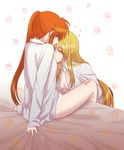  2girls artist_request bed blonde_hair breasts cleavage collared_shirt couple eyes_closed fate_testarossa hand_on_another&#039;s_thigh kiss kiss_on_chest long_hair lyrical_nanoha mahou_shoujo_lyrical_nanoha mahou_shoujo_lyrical_nanoha_strikers moaning multiple_girls open_mouth orange_hair panties side_ponytail simple_background sitting takamachi_nanoha underwear very_long_hair yuri 