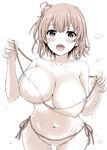  :d bangs bare_shoulders bikini bikini_pull blush breast_lift breasts collarbone commentary_request covered_nipples cowboy_shot eyebrows_visible_through_hair hair_bun highres huge_breasts inanaki_shiki large_breasts looking looking_at_viewer monochrome navel open_mouth pulled_by_self ribbon short_hair side-tie_bikini simple_background smile solo standing stomach strap_pull swimsuit tareme unaligned_breasts upper_teeth white_background yahari_ore_no_seishun_lovecome_wa_machigatteiru. yuigahama_yui 