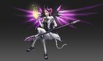  alternate_costume bodysuit breasts crossed_legs dark_persona demon_horns ear_piercing emblem energy facial_mark faulds floating forehead_mark full_body gradient gradient_background greaves grey_background highres holding holding_staff horns imp_mercy lipstick looking_at_viewer makeup mechanical_wings medium_breasts mercy_(overwatch) overwatch patch piercing ponytail purple_eyes purple_hair purple_lips purple_wings sitting solo spread_wings staff wings zzy12853 