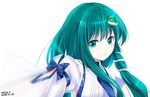  2017 aqua_eyes arm_ribbon artist_name bangs blue_bow blue_neckwear bow closed_mouth dated detached_sleeves eyebrows_visible_through_hair frog_hair_ornament green_hair hair_ornament kochiya_sanae lace lace-trimmed_sleeves long_hair looking_at_viewer necktie outstretched_arm ribbon simple_background smile snake_hair_ornament solo touhou upper_body white_background yamaguchi_yuu 