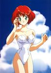  bare_shoulders blush breasts cleavage cloud cowboy_shot day hand_on_own_face highres looking_at_viewer medium_breasts one-piece_swimsuit open_mouth original page_number red_eyes red_hair short_hair sky solo strapless strapless_swimsuit swimsuit tadano_kazuko white_swimsuit 