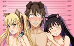  2girls animal_ears arm_hug bad_id bad_pixiv_id black_eyes blonde_hair blush breasts brown_hair cat_ears clenched_teeth closed_eyes dog_ears fake_animal_ears girl_sandwich height_chart jabami_yumeko kakegurui long_hair looking_at_viewer medium_breasts multiple_girls name_tag nose_blush nude orange_eyes pink_lips pulling sandwiched saotome_meari shocked_eyes smile suzui_ryouta sweat teeth tera_(t-e-r-a) twintails upper_body 