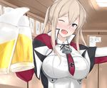  ;d anchor beer_mug blonde_hair blue_eyes blush breasts capelet ceiling cup graf_zeppelin_(kantai_collection) hair_between_eyes highres holding holding_cup impossible_clothes indoors iron_cross jacket kantai_collection large_breasts long_hair looking_at_viewer maruya1006 necktie one_eye_closed open_mouth red_neckwear smile solo toast_(gesture) twintails upper_body white_jacket 