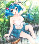  :d arm_support arm_up backpack backpack_removed bag bangs bare_arms barefoot blue_eyes blue_footwear blue_hair blush boots boots_removed breasts cattail cleavage clothes_around_waist collarbone dappled_sunlight day eyebrows_visible_through_hair grass hair_bobbles hair_ornament hat holding kawashiro_nitori knee_up kodamahikarigo large_breasts legs light_rays looking_at_viewer midriff nature navel open_mouth outdoors plant pocket rock rubber_boots sample shirt short_hair sitting smile soaking_feet solo sunlight tank_top thighs touhou traditional_media two_side_up water white_shirt wrench 