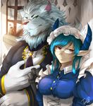  anthro blue_hair butler clothing duo eyewear feline female fur glasses green_eyes hair horn human kemono lion looking_away maid_uniform male mammal melusine monocle red_eyes snow_(tas) tach8_(artist) tokyo_afterschool_summoners uniform unimpressed white_fur 