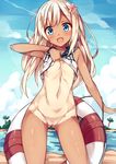  10s 1girl alternate_costume arm_at_side beach blonde_hair blue_eyes blush bottomless bracelet breasts clitoris cowboy_shot female flower gluteal_fold groin hair_flower hair_ornament hibiscus highres jewelry kantai_collection lifebuoy lifted_by_self long_hair nude_filter one-piece_tan open_mouth outdoors photoshop pussy ro-500_(kantai_collection) sailor_collar shirt_lift small_breasts solo tan tanline thighs tongue unacchi_(nyusankin) uncensored 