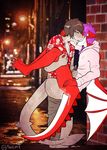  2017 anthro azaly clothed clothing cum detailed_background digital_media_(artwork) dragon erection fish fur girly hair kissing knot male male/male marine open_mouth outside penetration penis purple_hair reptile scalie sex shark twcat vansharkos wings 