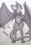  2017 anthro breasts clothed clothing dragon female greyscale horn kodardragon membranous_wings monochrome navel simple_background smile solo standing wings 