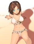  arm_support bangs bikini blue_eyes breasts brown_hair frill_trim from_above front-tie_bikini front-tie_top kuuro_kuro large_breasts leaning_back looking_at_viewer looking_up navel open_mouth original outdoors parted_bangs short_hair smile solo swimsuit 