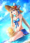  1girl :d ball beachball bikini bikini_skirt blue_bikini blue_bow blue_eyes blue_skirt blue_sky bow breasts cleavage cloud collarbone day dutch_angle fate/grand_order fate_(series) flower front-tie_bikini front-tie_top full_body hat hat_bow hat_flower hibiscus highres holding holding_ball jewelry kkkok_a kneeling long_hair marie_antoinette_(fate/grand_order) marie_antoinette_(swimsuit_caster)_(fate) medium_breasts necklace open_mouth outdoors pleated_skirt red_flower silver_hair skirt sky smile solo striped striped_bow sun_hat sunlight swimsuit twintails very_long_hair white_flower yellow_hat 