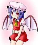  bat_wings blue_hair blush cosplay embarrassed flandre_scarlet flandre_scarlet_(cosplay) hat ichimi midriff navel red_eyes remilia_scarlet short_hair simple_background skirt skirt_tug slit_pupils solo touhou tsurime undersized_clothes wings 