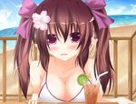  beach bikini blush bow breasts brown_hair cleavage day drink flower food fruit hair_bow hair_flower hair_ornament himekaidou_hatate lime_(fruit) looking_at_viewer medium_breasts pov_across_table purple_eyes solo swimsuit touhou tropical_drink twintails yuzutei 