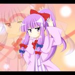  :&lt; alternate_hairstyle blush bow chiro_(bocchiropafe) hair_bow heart patchouli_knowledge ponytail purple_eyes purple_hair ribbon solo sweatdrop touhou zoom_layer 