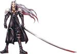  90s aqua_eyes boots final_fantasy final_fantasy_vii full_body grey_hair highres huge_weapon left-handed long_hair male_focus nomura_tetsuya official_art sephiroth simple_background solo standing sword weapon white_background 