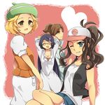  antenna_hair araragi_(pokemon) arms_behind_head bad_id bad_pixiv_id baseball_cap bel_(pokemon) beret blonde_hair blue_eyes brown_hair closed_eyes closed_labcoat denim denim_shorts green_eyes hair_ornament hairclip hat heart hoshihuri labcoat long_hair makomo_(pokemon) multiple_girls one_eye_closed pokemon pokemon_(game) pokemon_bw ponytail purple_hair short_hair shorts sleeves_rolled_up smile tank_top touko_(pokemon) very_long_hair vest 