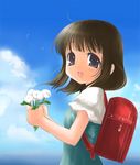  backpack bad_id bad_pixiv_id bag black_eyes black_hair bouquet dandelion flower original randoseru short_hair solo yumegi_atsuki 