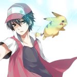  bad_id bad_pixiv_id baseball_cap black_hair brown_eyes electricity gen_1_pokemon hat male_focus mizuki_(koko_lost) pikachu pixiv_red pokemon pokemon_(creature) pokemon_(game) pokemon_rgby popped_collar red_(pokemon) red_(pokemon_rgby) 