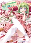  argyle blue_eyes candy character_name checkerboard_cookie cookie cover cover_page food frog green_hair hair_ornament kochiya_sanae lollipop long_hair miyase_mahiro panties ribbon snake solo striped striped_panties swirl_lollipop thighhighs touhou underwear white_legwear 