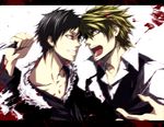  bad_id bad_pixiv_id banned_artist black_hair blonde_hair blood blood_splatter bow bowtie durarara!! heiwajima_shizuo jacket knife letterboxed multiple_boys open_mouth orihara_izaya red_eyes s_tanly switchblade vest weapon yellow_eyes 