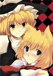  alice_margatroid animal_ears bad_id bad_pixiv_id beegle blonde_hair blue_eyes blush capelet cat_ears checkered checkered_background hairband hat kemonomimi_mode kirisame_marisa multiple_girls short_hair smile touhou witch_hat yellow_eyes 