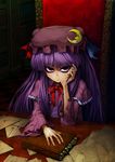  absurdres bad_revision bags_under_eyes book chair crescent greek hand_on_own_face hands hat highres horror_(theme) kanno_kengo letter_opener library long_hair md5_mismatch nail_art nail_polish papers patchouli_knowledge purple_eyes purple_hair ranguage sitting skinny solo touhou translated upper_body voile when_you_see_it 