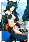  animal_ears armor arrow bad_id bad_pixiv_id bare_shoulders blue_hair blush bow bow_(weapon) bowtie breasts cleavage earrings fishnets gloves green_hair hairband highres jewelry long_hair medium_breasts midriff monster_hunter nargacuga_(armor) navel red_eyes shizuku_(shizukyuki) solo thighhighs underboob weapon 