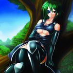  absurdres bad_id bad_pixiv_id bare_shoulders boots breasts cleavage dress elbow_gloves eyepatch gloves green_eyes green_hair highres in_tree large_breasts original sitting smile solo sorono thighhighs tree underboob 
