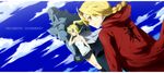  1girl alphonse_elric armor blonde_hair blue_eyes braid brothers coat edward_elric flamel_symbol full_armor fullmetal_alchemist kl long_hair ponytail siblings skirt sky smile winry_rockbell yellow_eyes 