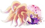  asyura7 bad_id bad_pixiv_id barefoot blonde_hair breasts cleavage fox highres japanese_clothes kimono long_hair looking_at_viewer lying markings medium_breasts multiple_girls multiple_tails no_hat no_headwear obi petals purple_eyes sash tail touhou yakumo_ran yakumo_ran_(fox) yakumo_yukari 