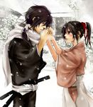  1girl black_hair blush breath brown_eyes couple gloves hakuouki_shinsengumi_kitan hetero holding_hands japanese_clothes noa426 photo_background ponytail saitou_hajime_(hakuouki) scarf sheath sheathed snow snowflakes sword weapon white_scarf yukimura_chizuru 