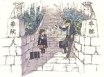  1girl bow bowtie brown_hair couple glasses hetero komainu leaning necktie original petals purimari school_uniform sitting stairs statue 