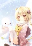 :&lt; animal_ears blonde_hair hair_ornament hoshisaki_yume original sandals scarf snow snowman solo stuffed_animal stuffed_toy tail thighhighs tiger_ears tiger_tail yellow_eyes 